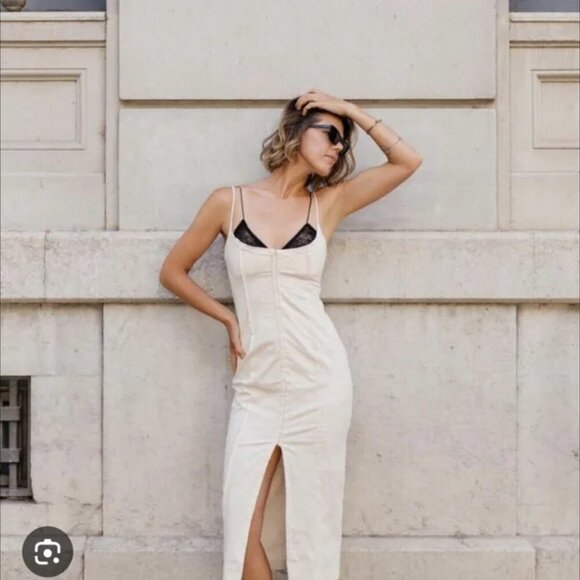 Zara Contrasting Lace Spaghetti Strap Midi Dress Nude Cream Size Medium - Picture 2 of 13
